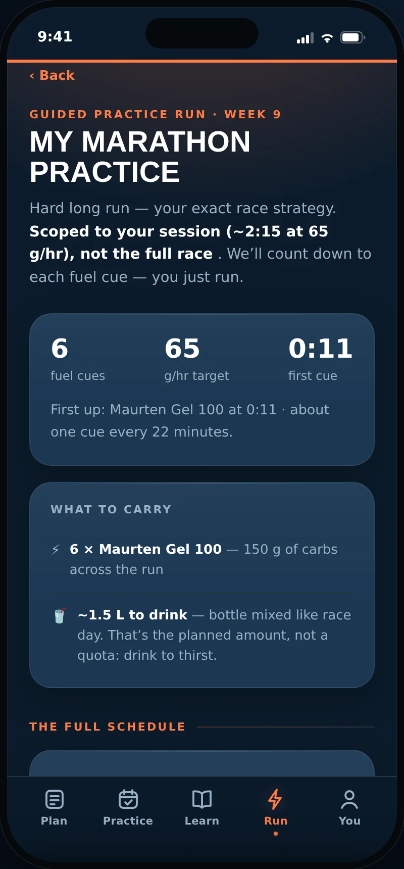 Guided run setup: cues, carb target, and exactly what to carry