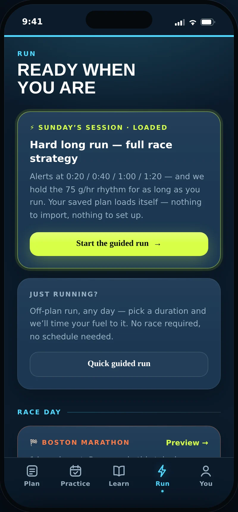The Run tab: Sunday's session already loaded