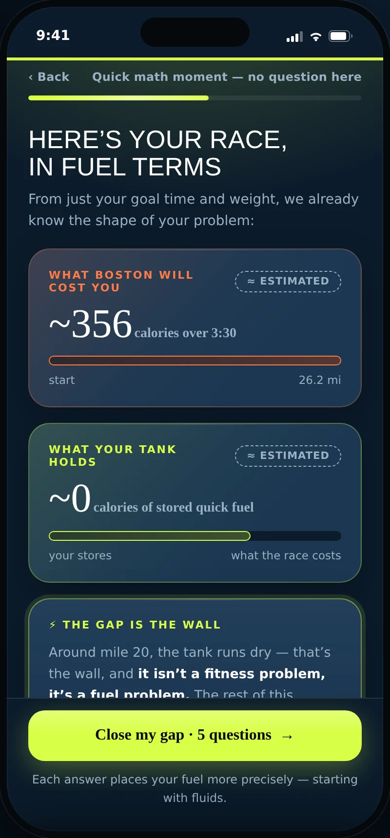 The gap: what the race takes versus what your body stores