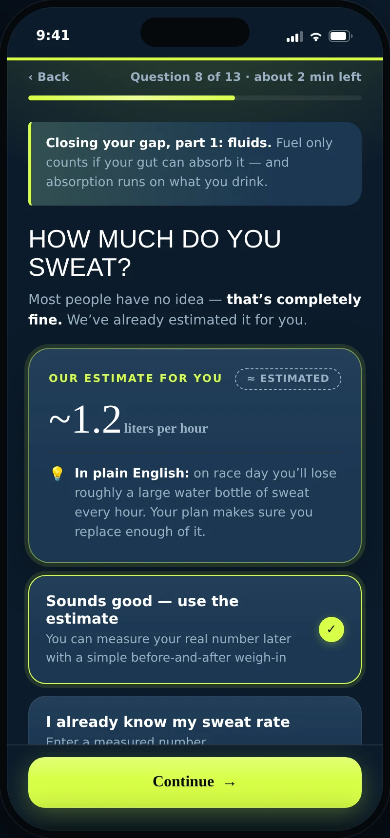The sweat-rate question, with an estimate honestly labelled as an estimate