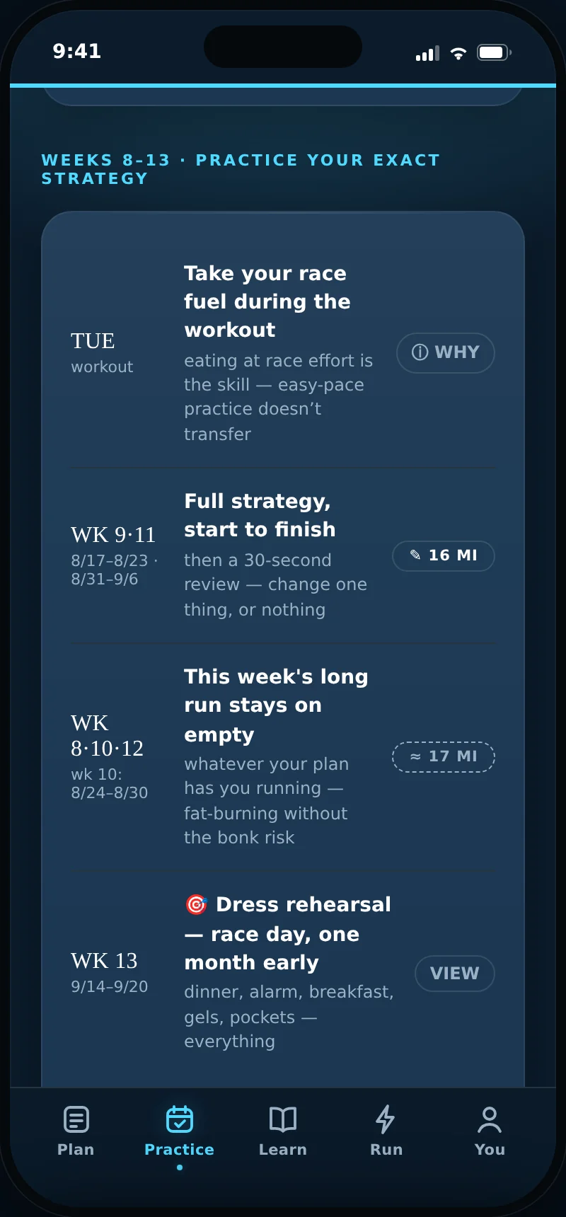 The week-by-week practice plan: full-strategy runs, empty-tank runs, and the week-13 dress rehearsal