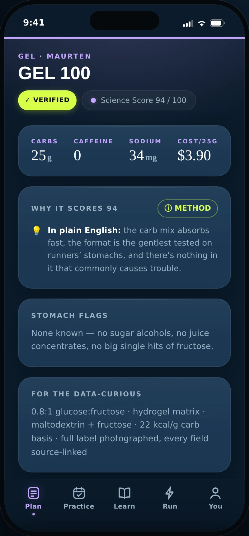 A product page: the score, the reason, and the stomach flags