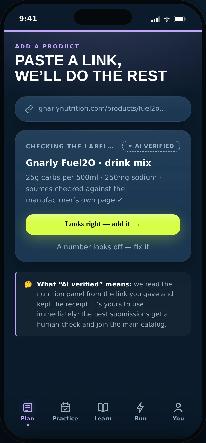 Add a product: paste a link and the label gets read