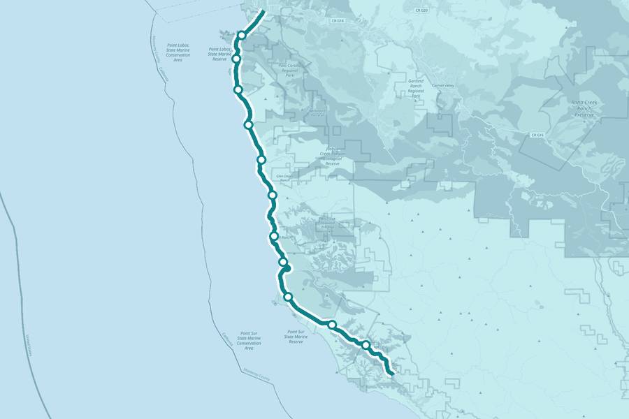 Course map of the Big Sur International Marathon, with a dot at every aid station