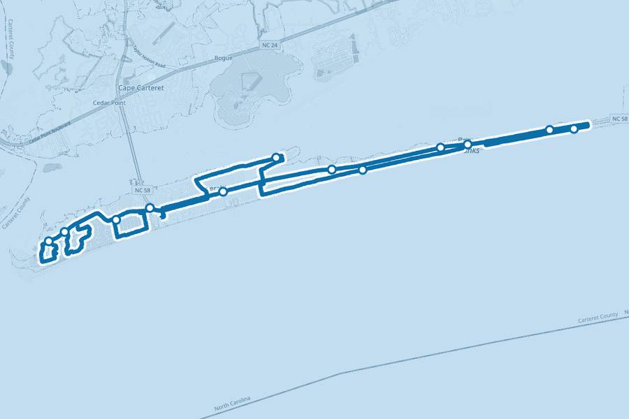 Course map of the Emerald Isle Marathon, with a dot at every aid station