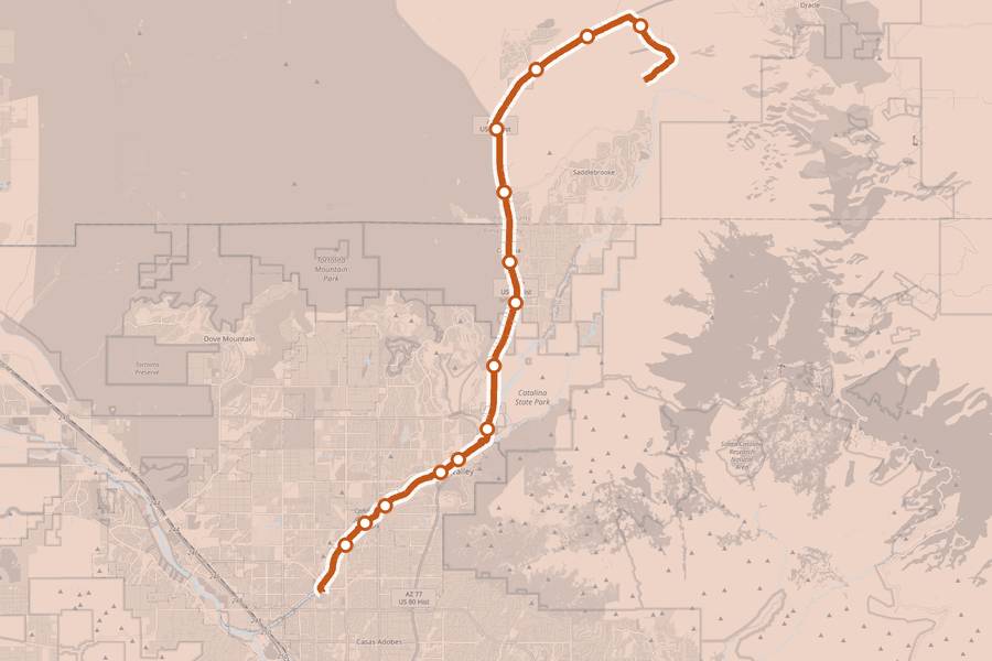 Course map of the Tucson Marathon, with a dot at every aid station